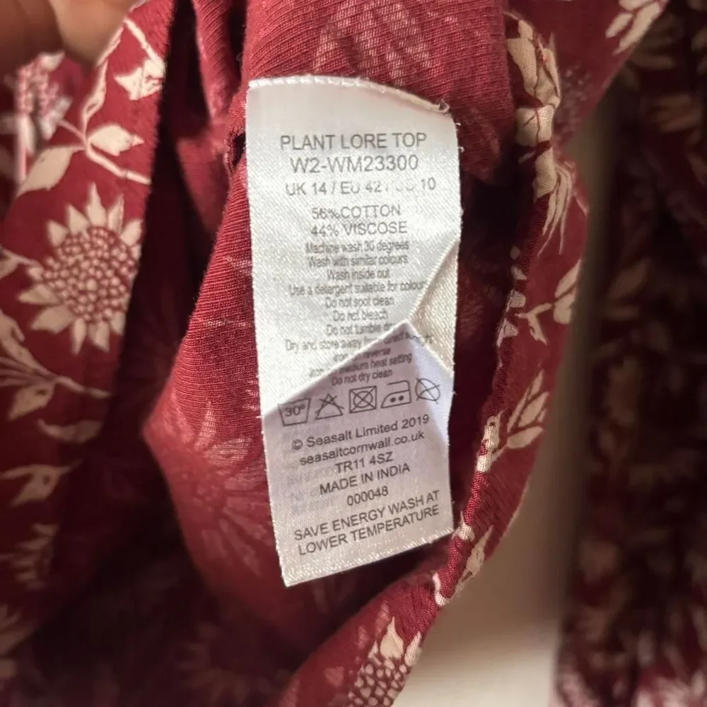 Seasalt Cornwall Burgundy Long Sleeve Blouse Sunflower Print Size 10 - Picture 4 of 8